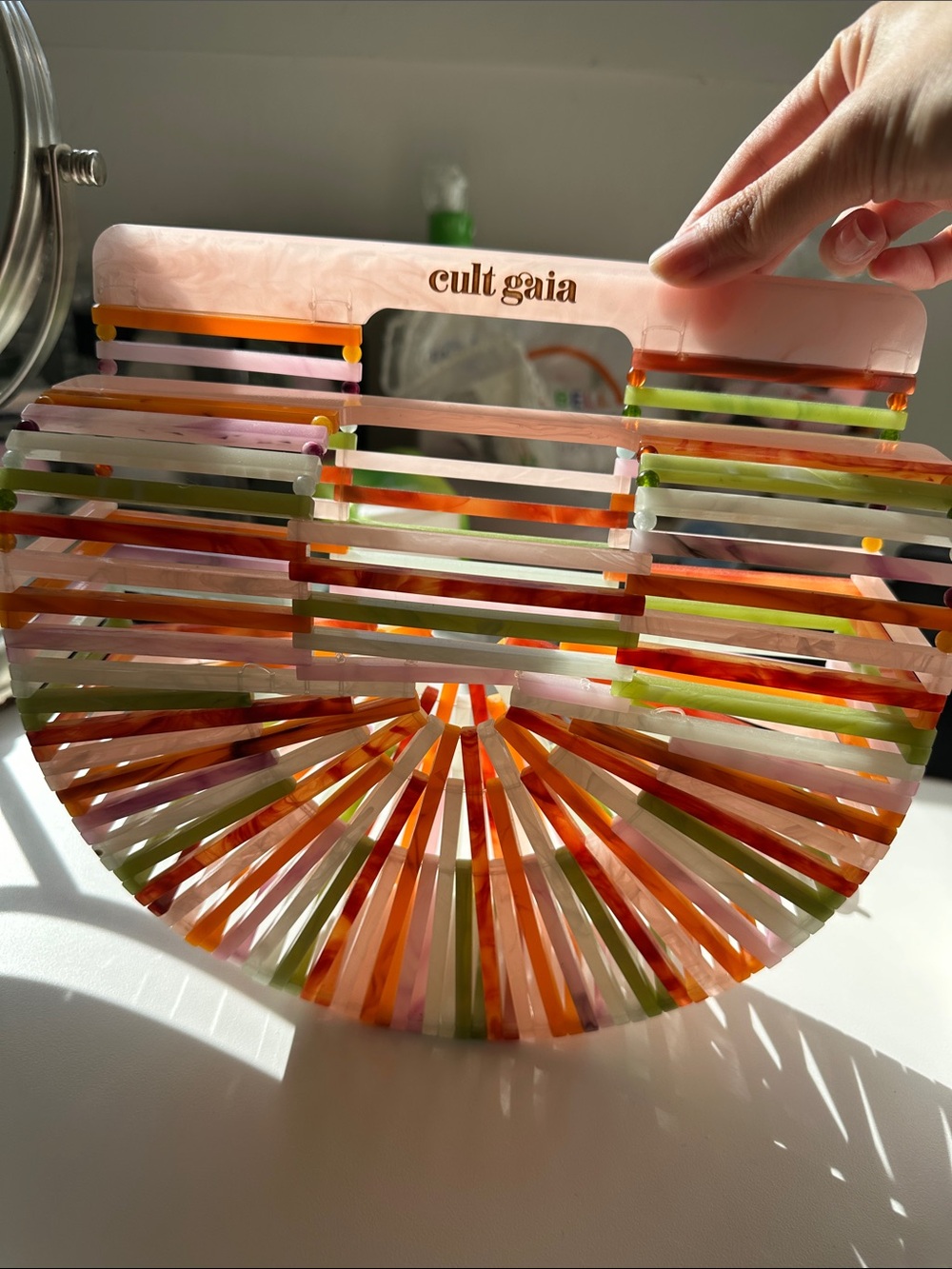 cult gaia Pink Top-Handle Ark Bag with Orange & Green Accents